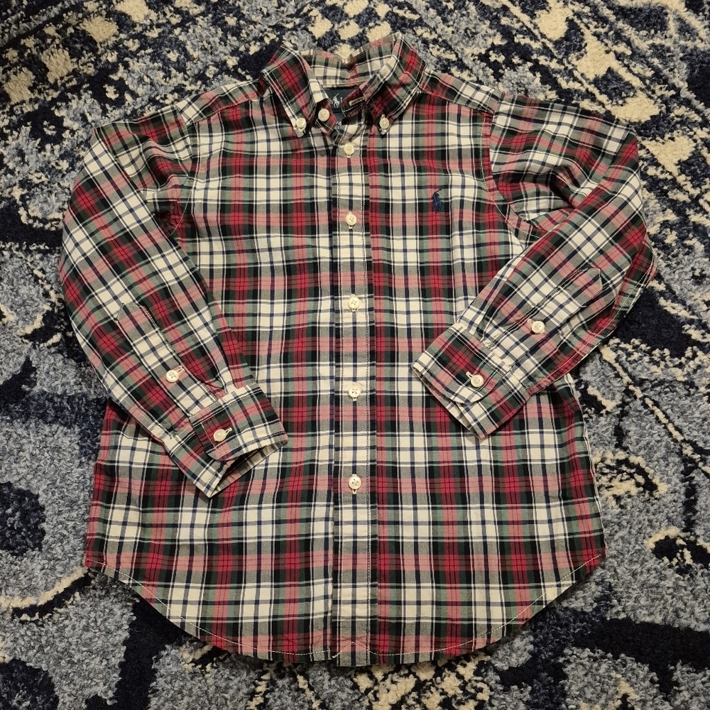 Ralph Lauren Boy's Preppy Red & Green Plaid Long Sleeve Button Down Size 4T
